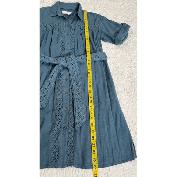 Anthropologie Blue Linen Blend Button Front Dress with Crochet Detail Size S - Picture 6 of 8
